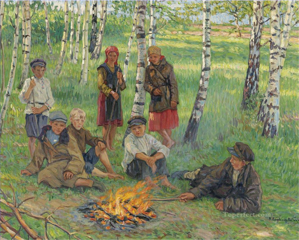 Junto a la fogata Nikolay Bogdanov Belsky Pintura al óleo
